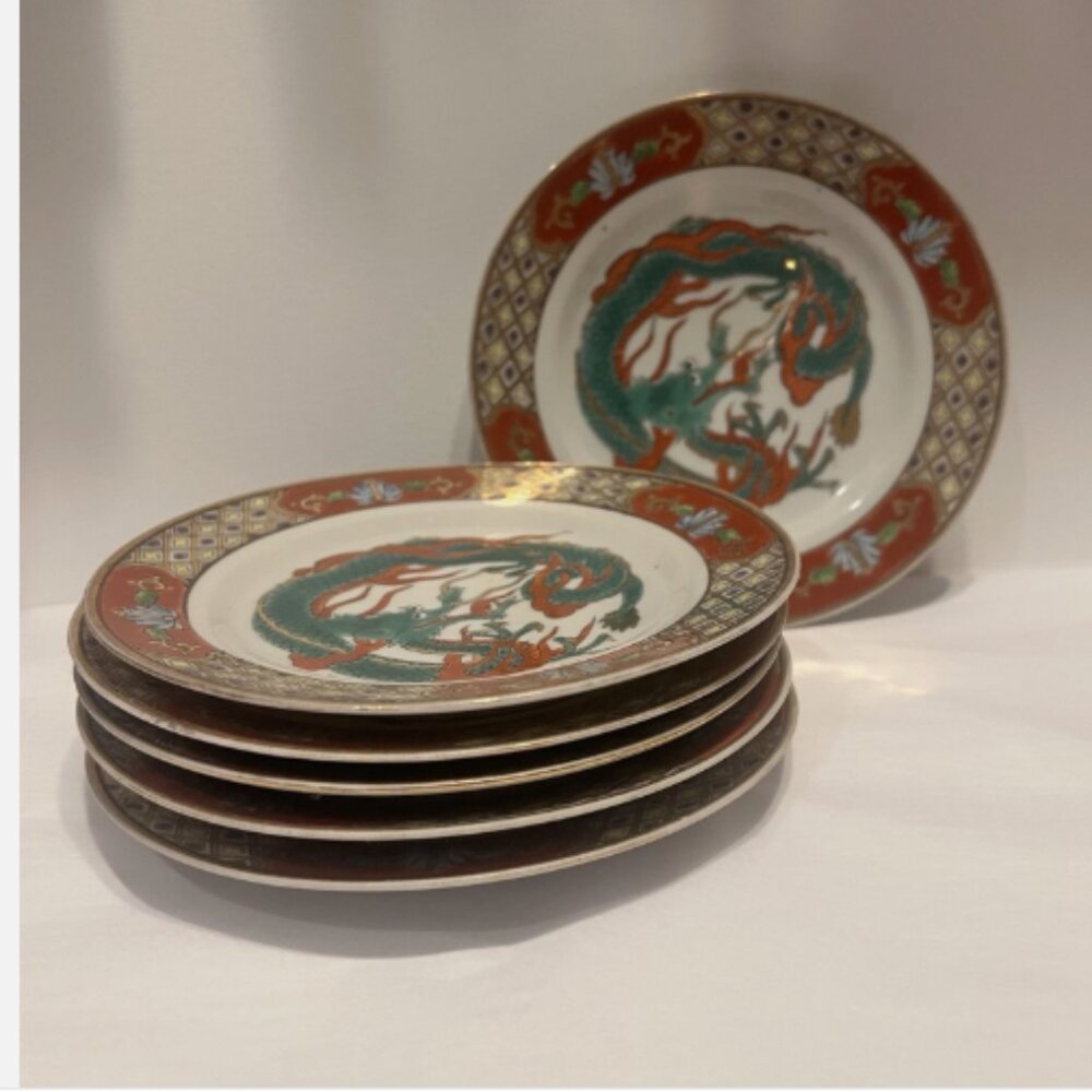 VINTAGE DRAGON Satsuma Set of 6 SALAD or DESSERT PLATE 7.2” JAPAN. B1